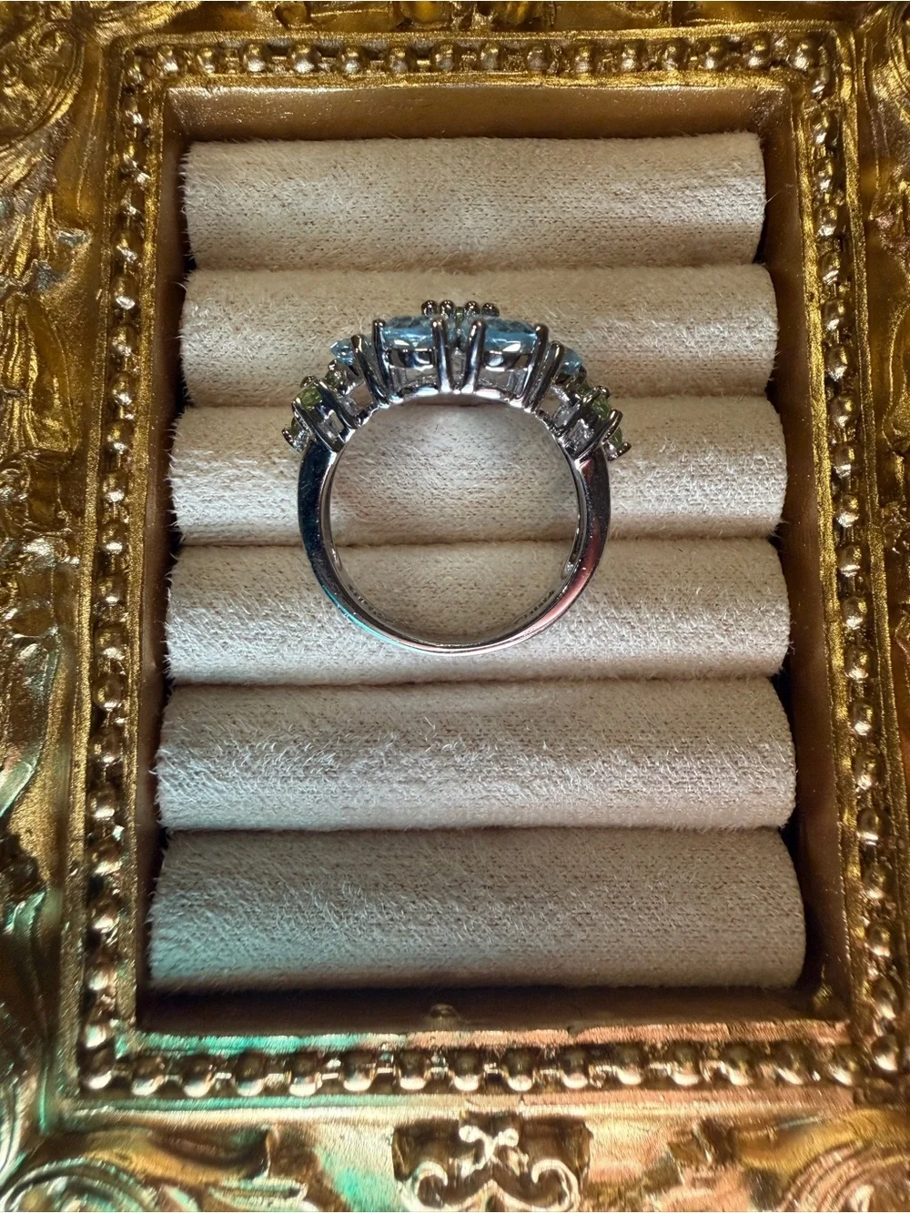 Sterling Silver Aquamarine and Peridot Flower Cluster Ring - Size 6